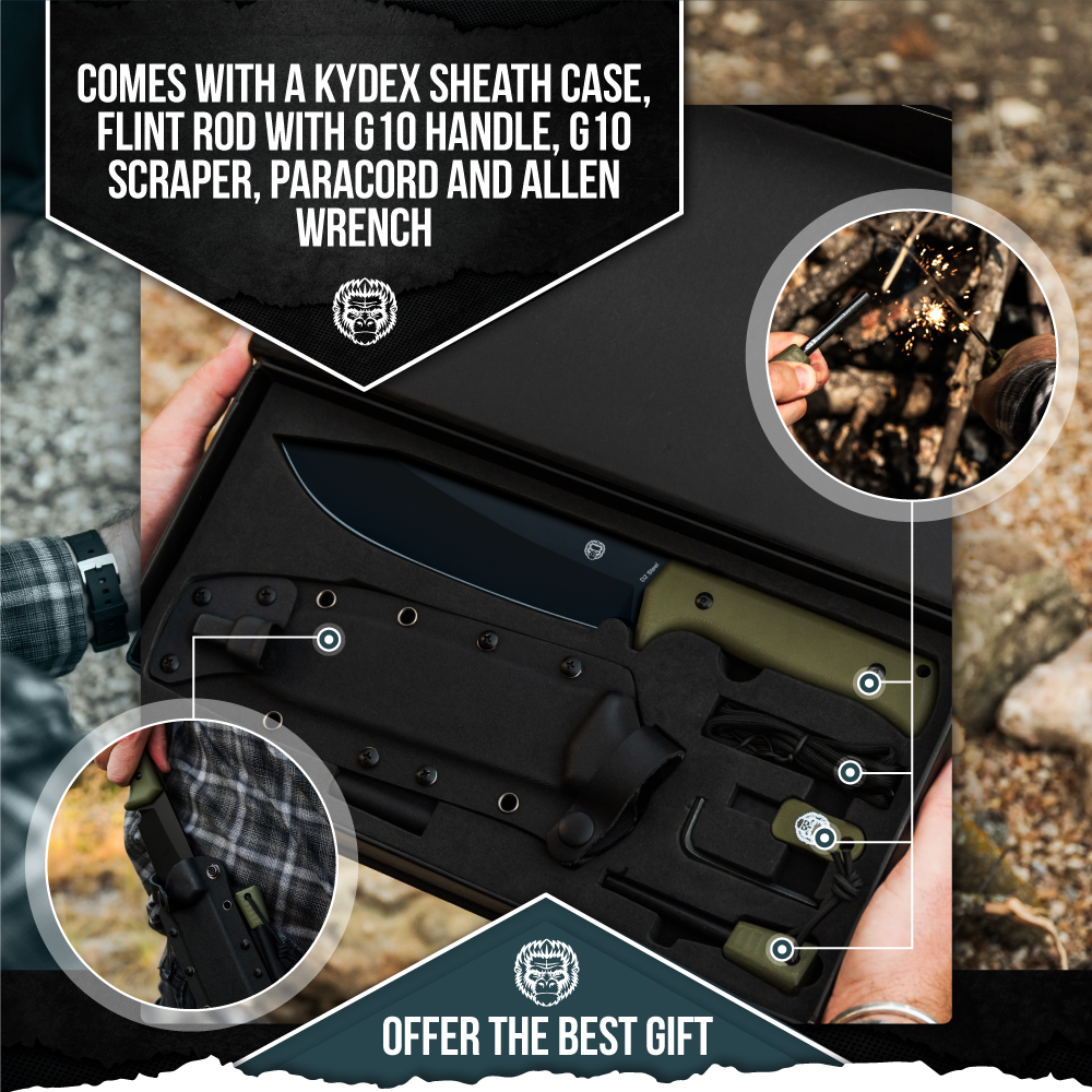 Holtzman's Gorilla Survival The Congo D2 Steel Bushcraft Survival Knife Gift Set (Black Blade + Green Handle)