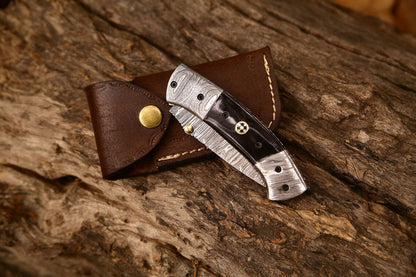 KBS Knives New Custom Handmade Damascus Steel Tanto Blade EDC Folding Pocket Knife | 3-Inch Blade, Buffalo Horn Handle, Leather Case | Perfect Gift by KBS Knives