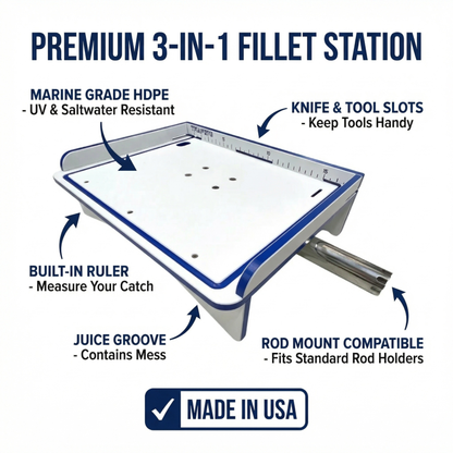 TRAPSKI Premium Rod Mount 18" or 33" Raised Fillet Table – 3-in-1 Bait & Fish Station | Fits Rod Holders, Buckets & Flat Surfaces | Marine-Grade HDPE | Ruler, Juice Groove, Knife & Tool Slots