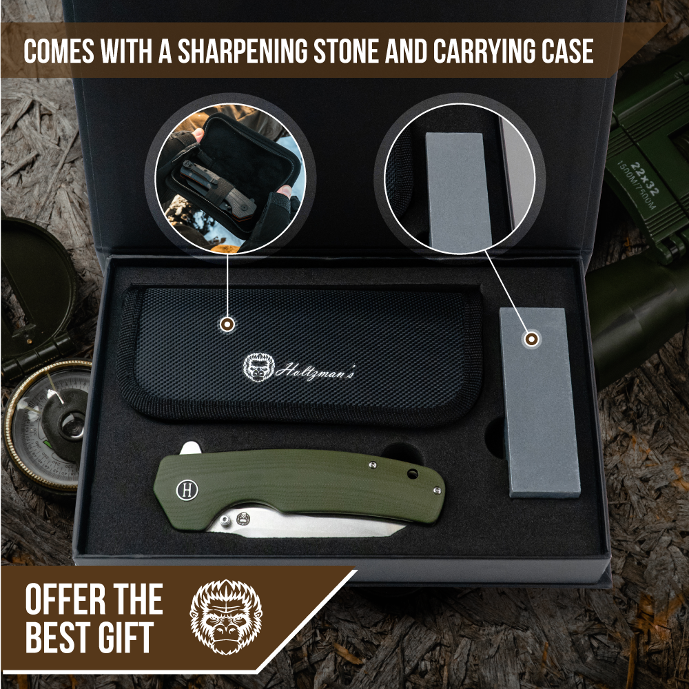 Holtzman's Gorilla Survival The Clip Point Folding Pocket Knife Giftset for Men and Women (Silver and Green)