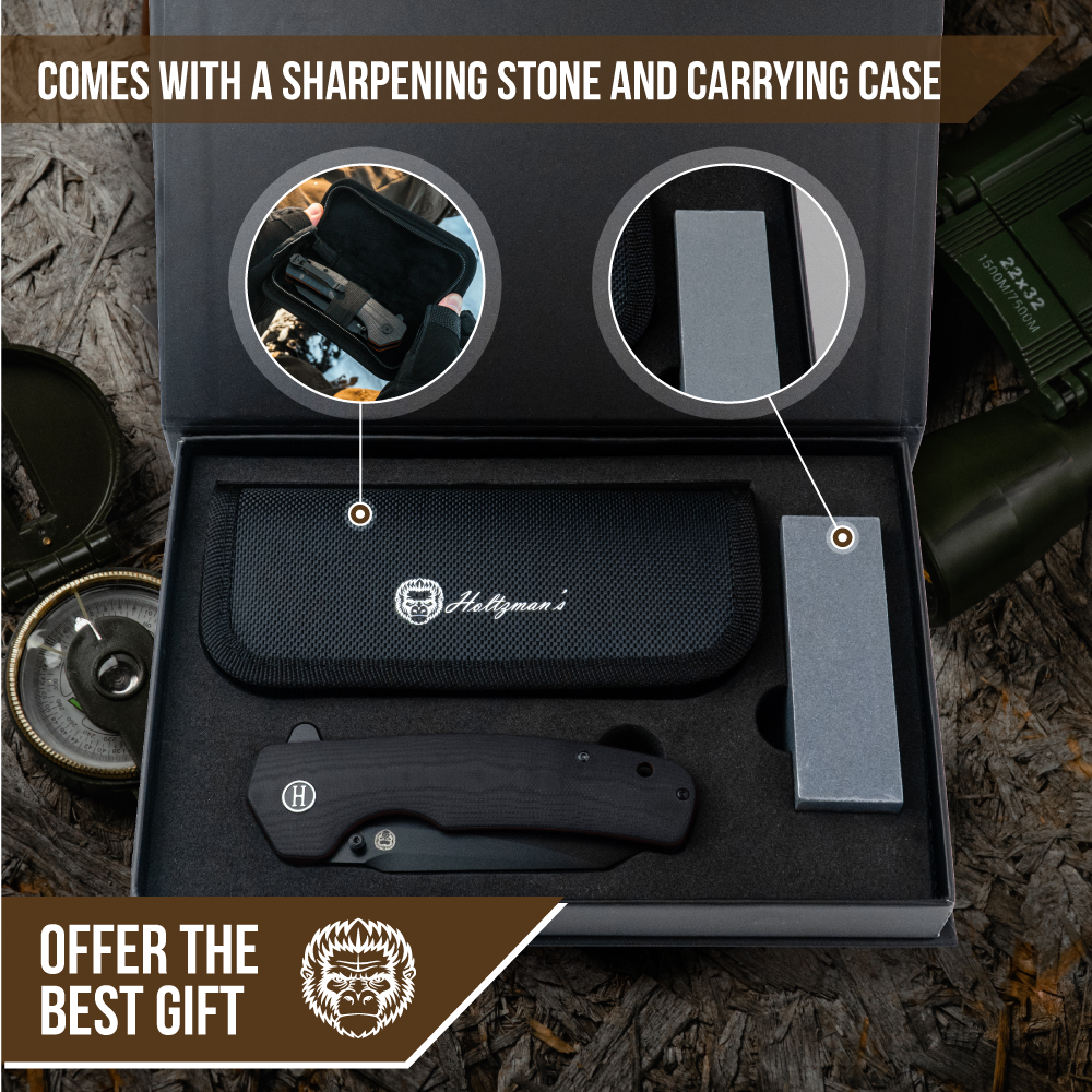 Holtzman's Gorilla Survival The Clip Point Folding Pocket Knife Giftset for Men and Women (Black and Orange)