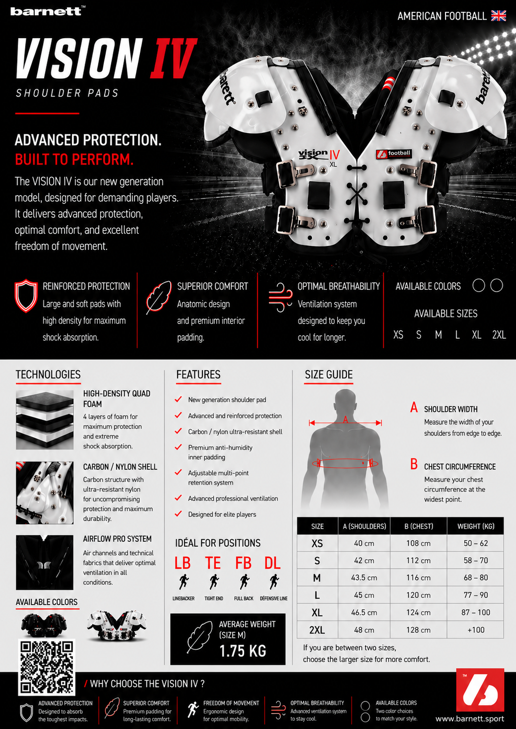 Barnett VISION IV Football shoulder pad FB-LB-TE-OL-DL