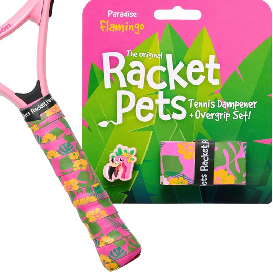 Racket Pets Flamingo Tennis Overgrip Tape and Matching Shock Absorbing Dampener for Tennis Racket