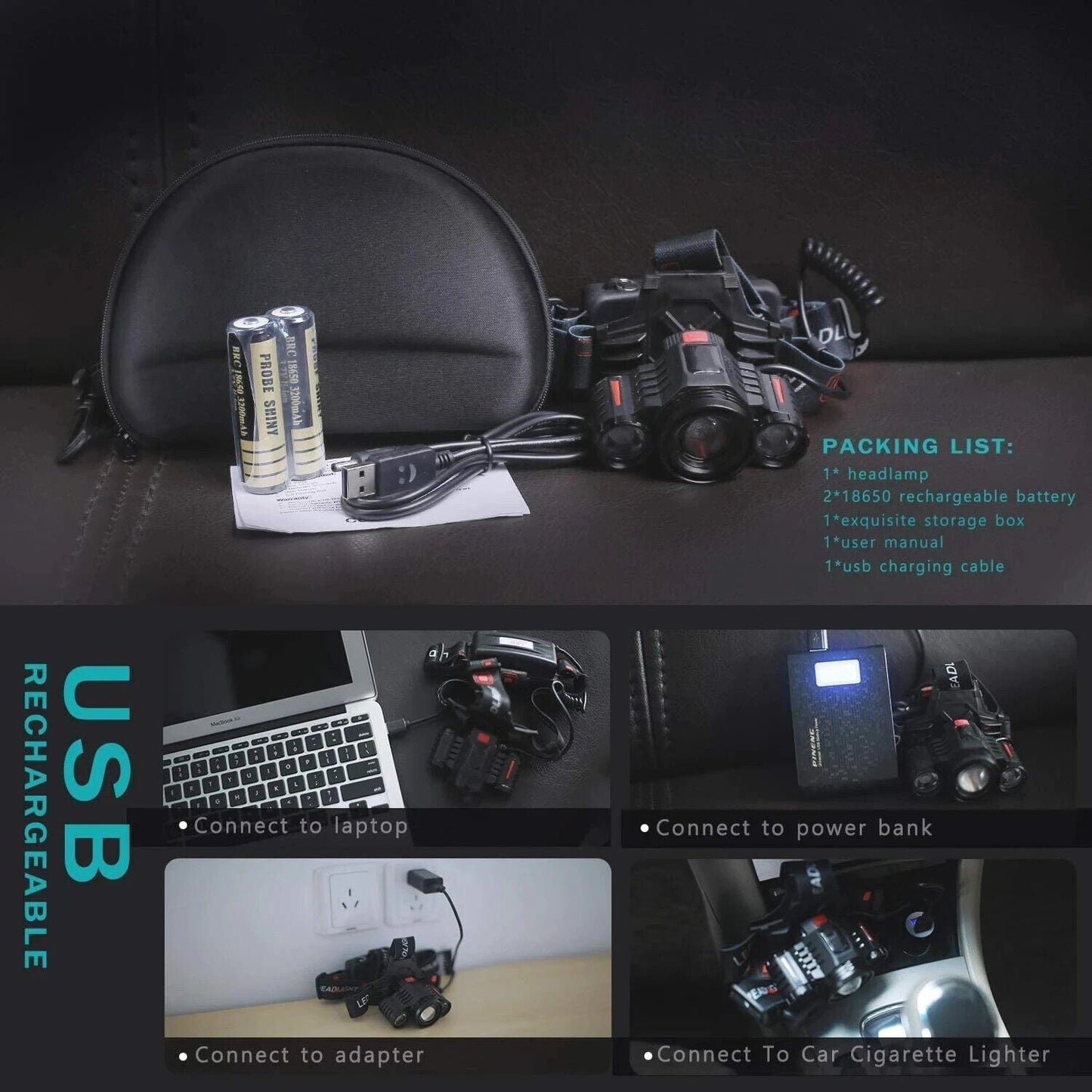 MUCITUP T6 Rechargeable LED Headlamp, Zoom Focus, 4 Modes, USB-C, IP55, Black/Red