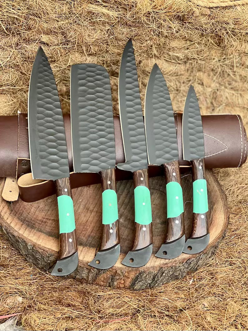 Texan Knives Knife Set – 13" Forged Stainless Steel Blade with Wenge Wood & Resin Handle + Leather Sheath