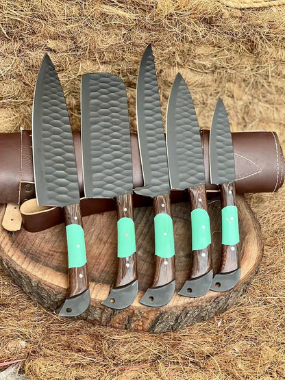 Texan Knives Knife Set – 13" Forged Stainless Steel Blade with Wenge Wood & Resin Handle + Leather Sheath