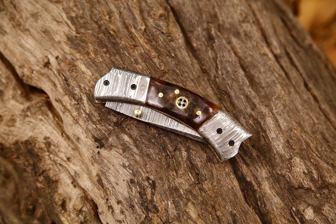 KBS Knives Custom Handmade Damascus Steel EDC Folding Pocket Knife – 3-Inch Blade, Sheep Horn Handle, Leather Case – Perfect Wedding Gift by KBS Knives