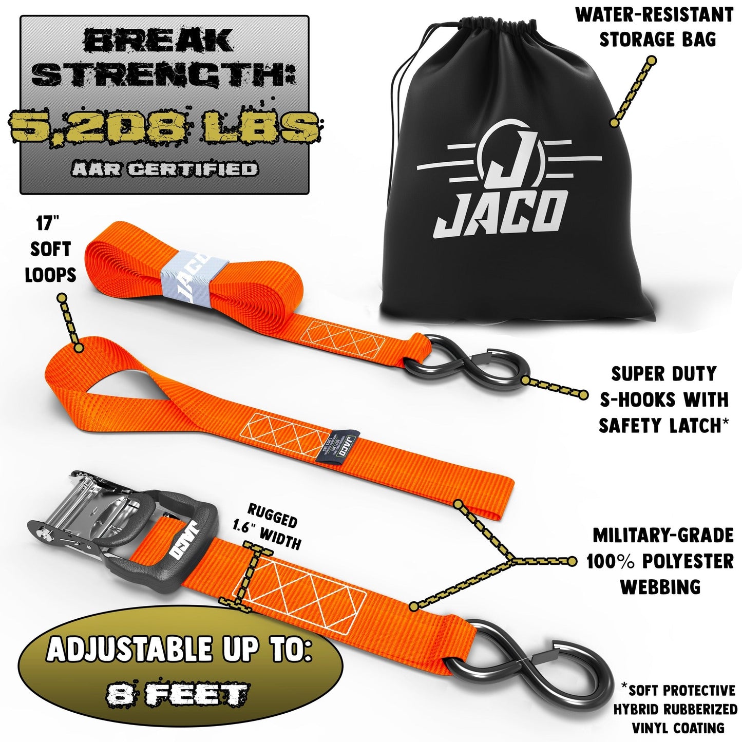 Jaco Tie Down Ratchet Straps with Soft Loops (1.6 in x 8 ft) - Heavy Duty Set | AAR Certified Break Strength (5,208 lbs)