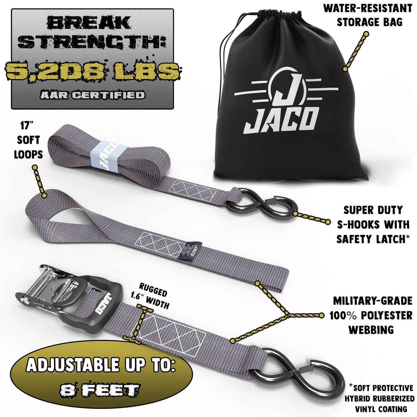 Jaco Tie Down Ratchet Straps with Soft Loops (1.6 in x 8 ft) - Heavy Duty Set | AAR Certified Break Strength (5,208 lbs)