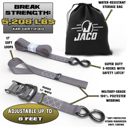 Jaco Tie Down Ratchet Straps with Soft Loops (1.6 in x 8 ft) - Heavy Duty Set | AAR Certified Break Strength (5,208 lbs)