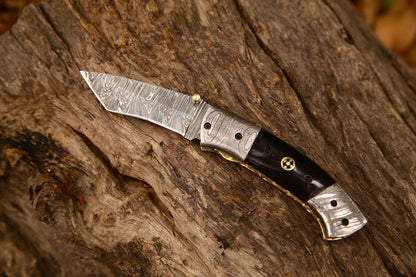 KBS Knives New Custom Handmade Damascus Steel Tanto Blade EDC Folding Pocket Knife | 3-Inch Blade, Buffalo Horn Handle, Leather Case | Perfect Gift by KBS Knives
