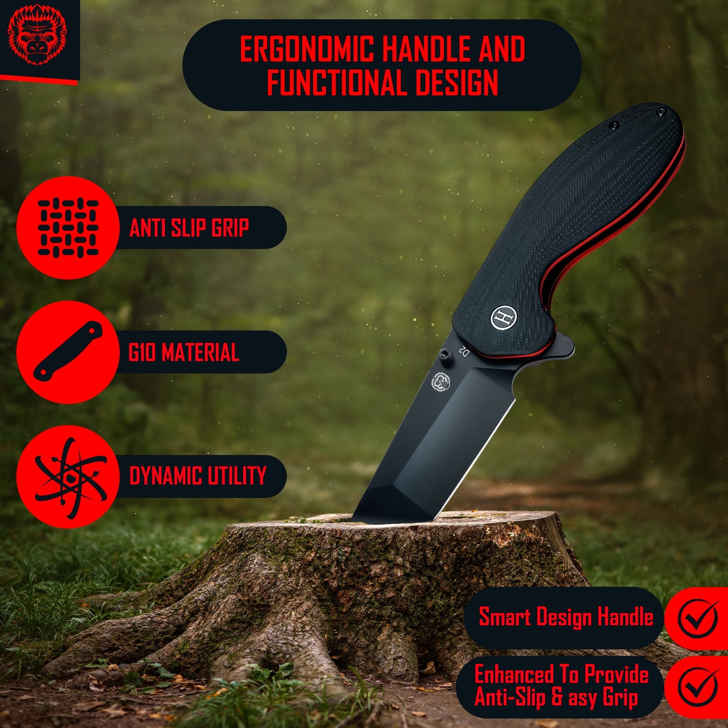 Holtzman's Gorilla Survival The Pioneer Folding Pocket Knife Giftset for Men and Women (Black and Orange)