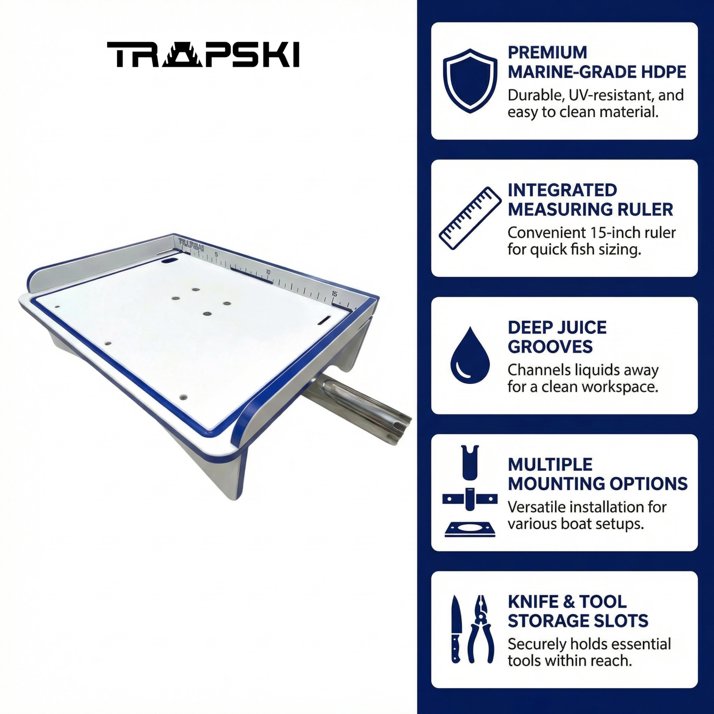 TRAPSKI Premium Rod Mount 18" or 33" Raised Fillet Table – 3-in-1 Bait & Fish Station | Fits Rod Holders, Buckets & Flat Surfaces | Marine-Grade HDPE | Ruler, Juice Groove, Knife & Tool Slots