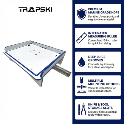 TRAPSKI Premium Rod Mount 18" or 33" Raised Fillet Table – 3-in-1 Bait & Fish Station | Fits Rod Holders, Buckets & Flat Surfaces | Marine-Grade HDPE | Ruler, Juice Groove, Knife & Tool Slots