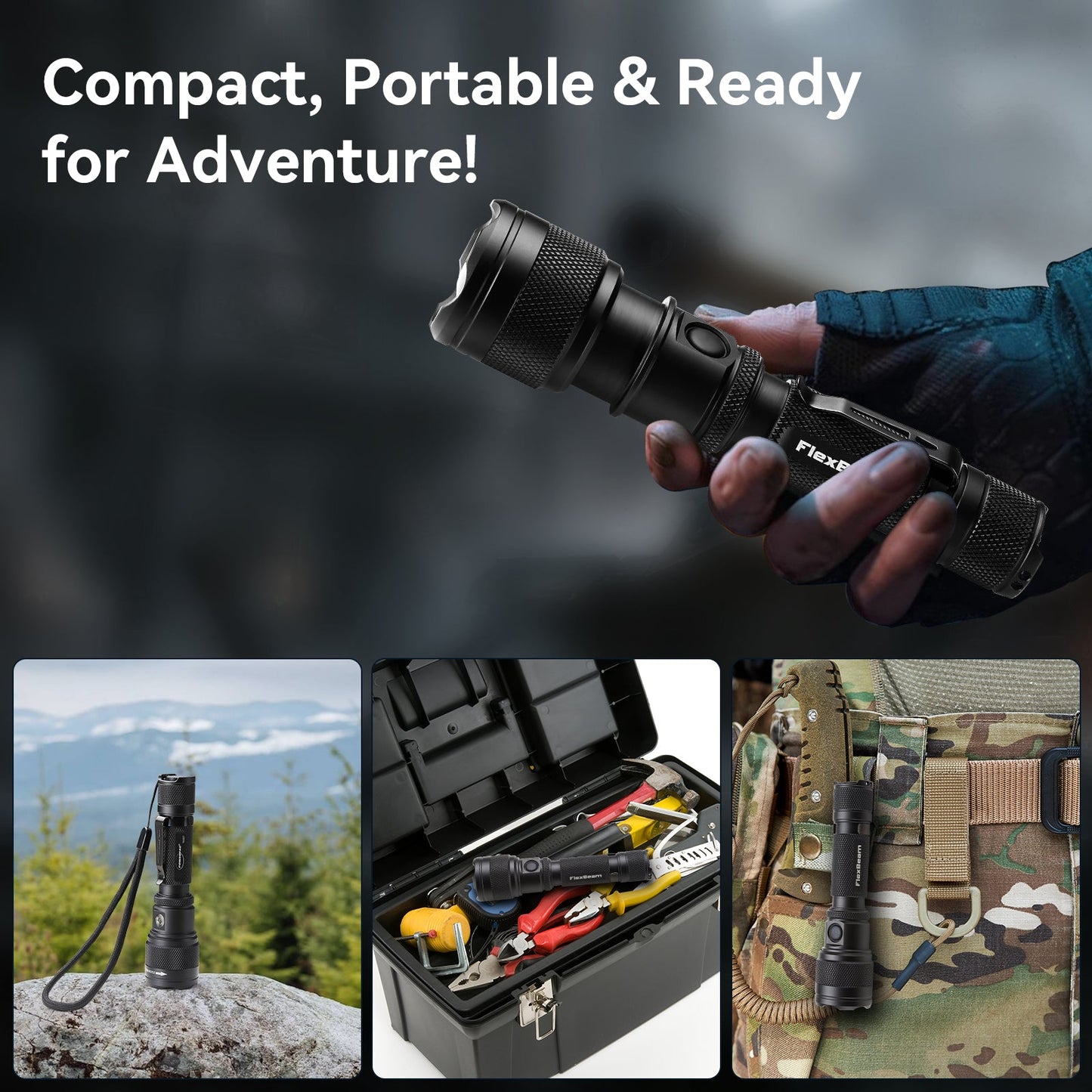 Powertac FlexBeam- 1200 Lumen Adjustable Beam Rechargeable Flashlight