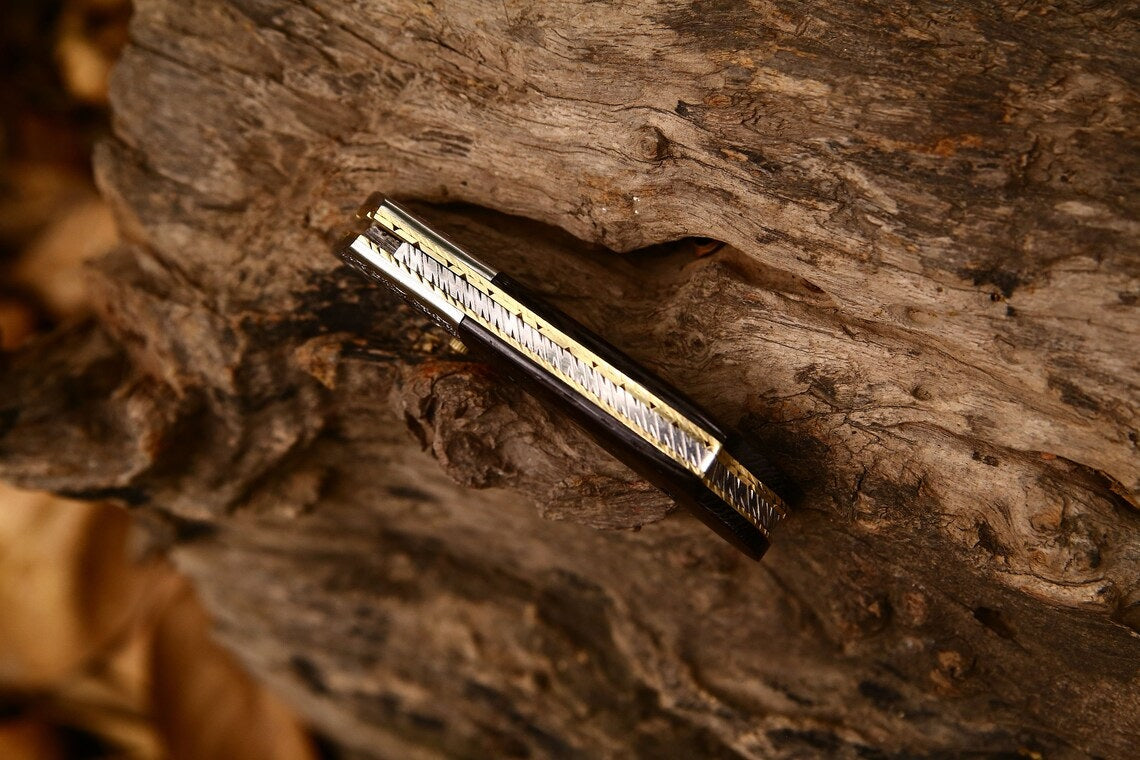 KBS Knives Hand Engraved Custom Damascus Steel EDC Folding Pocket Knife | 3-Inch Blade, Wenge Wood Handle, Leather Case | Anniversary Gift Idea