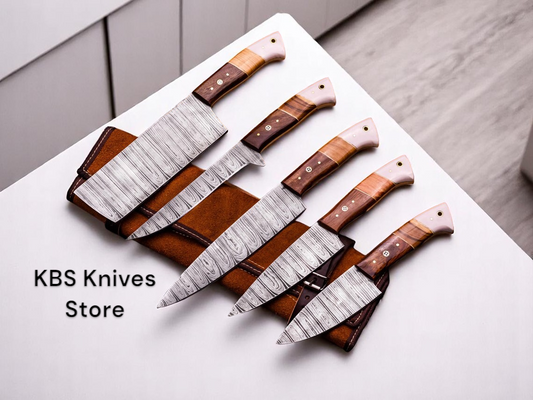 KBS Knives 5 Pcs Custom Handmade Damascus Steel Knife Set with Olivewood, Rosewood & Bone Handles
