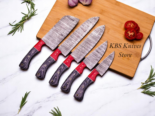 KBS Knives 5 Pcs Custom Handmade Damascus Cooking Knives Set with Exotic Pakka Wood Handles