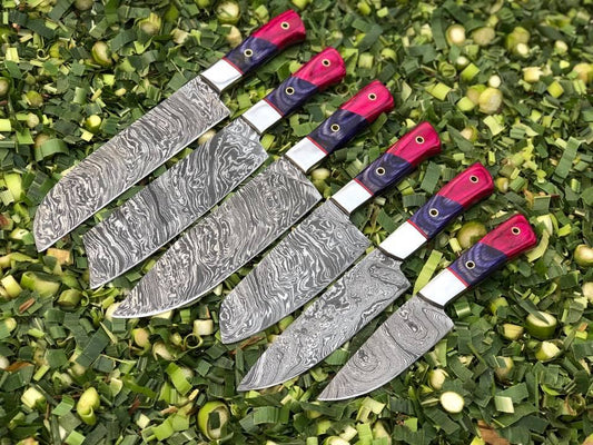 KBS Knives Luxury Collection: 6-Piece Kitchen Knives Set with Twist Damascus Steel Blades, Exotic Wood Handles, and Leather Roll