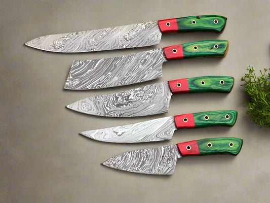 KBS Knives VerdantInferno Damascus Steel Kitchen Knife Set – 8 to 13 Inch Blades with Exotic Green & Red Wood Handles