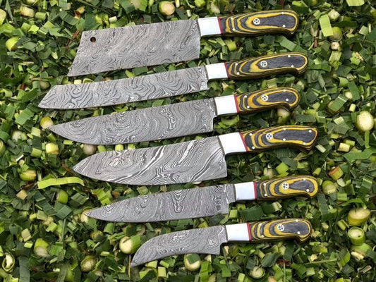 KBS Knives Artisanal Excellence: 6-Piece Kitchen Knives Set with Twist Damascus Steel Blades, Exotic Wood Handles, and Leather Roll