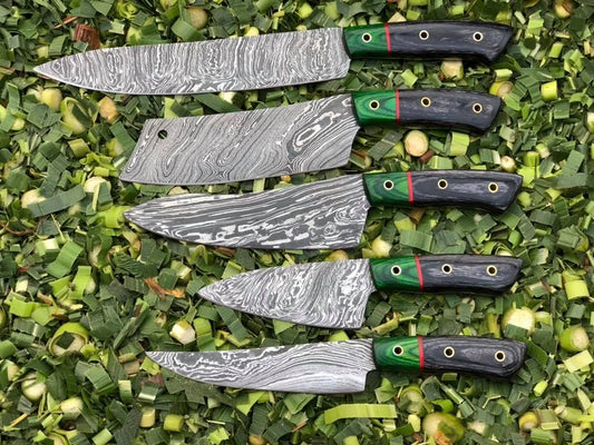 KBS Knives 5-piece kitchen knives set with Twist Damascus steel blades and handles made from Exotic Color Wood. Perfectly stored in a leather roll for culinary excellence.