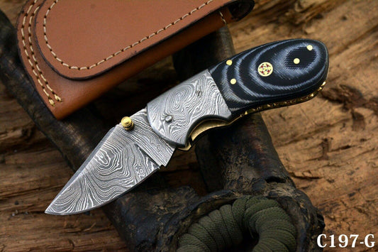 KBS Knives Custom Handmade Damascus Steel EDC Small Folding Pocket Knife with Canvas Micarta Handle and Leather Case by KBS Knives Store.