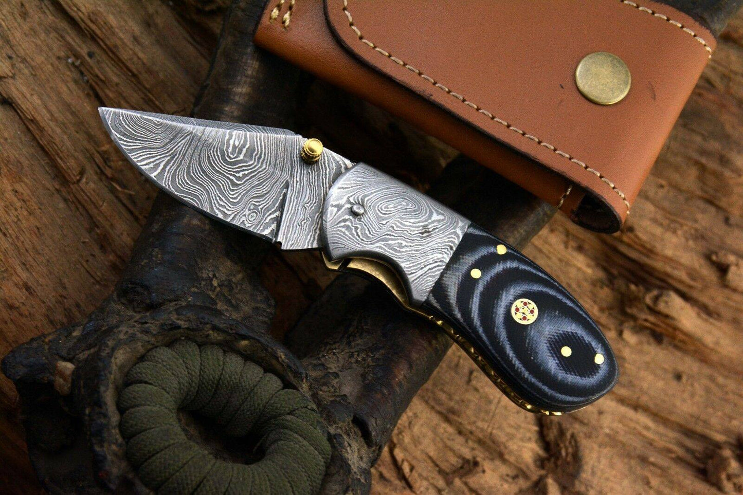 KBS Knives Custom Handmade Damascus Steel EDC Small Folding Pocket Knife with Canvas Micarta Handle and Leather Case by KBS Knives Store.