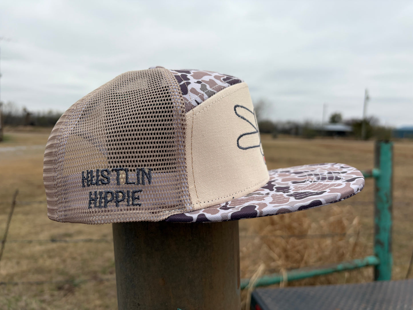 Hustlin Hippie PL Series 7 Panel Mesh Snapback- TAN/CAMO- GREY LOGO w/ BOLD style