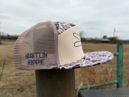 Hustlin Hippie PL Series 7 Panel Mesh Snapback- TAN/CAMO- GREY LOGO w/ BOLD style