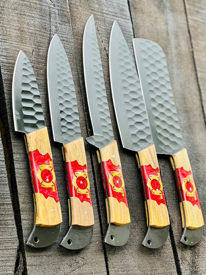 Texan Knives Stainless Steel Knife Set – 13" Forged Blades with Olivewood & Epoxy Resin Handles + Leather Sheath