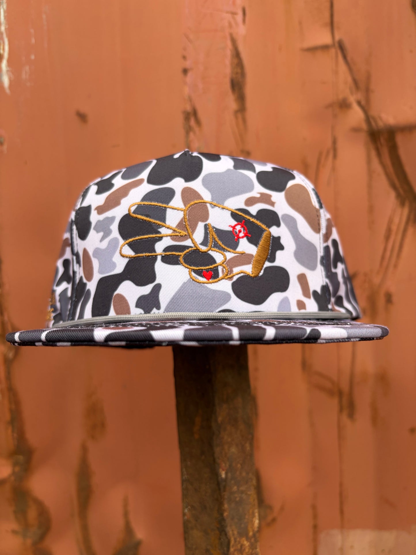 Hustlin Hippie PL Series 5 Panel Snapback Hat w/Rope- CAMO- BROWN LOGO w/ Bold Style