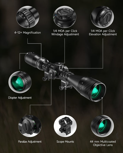 Pinty Scopes 4-12x44 Red & Green Illuminated Optical Riflescope Reticle AO Scope