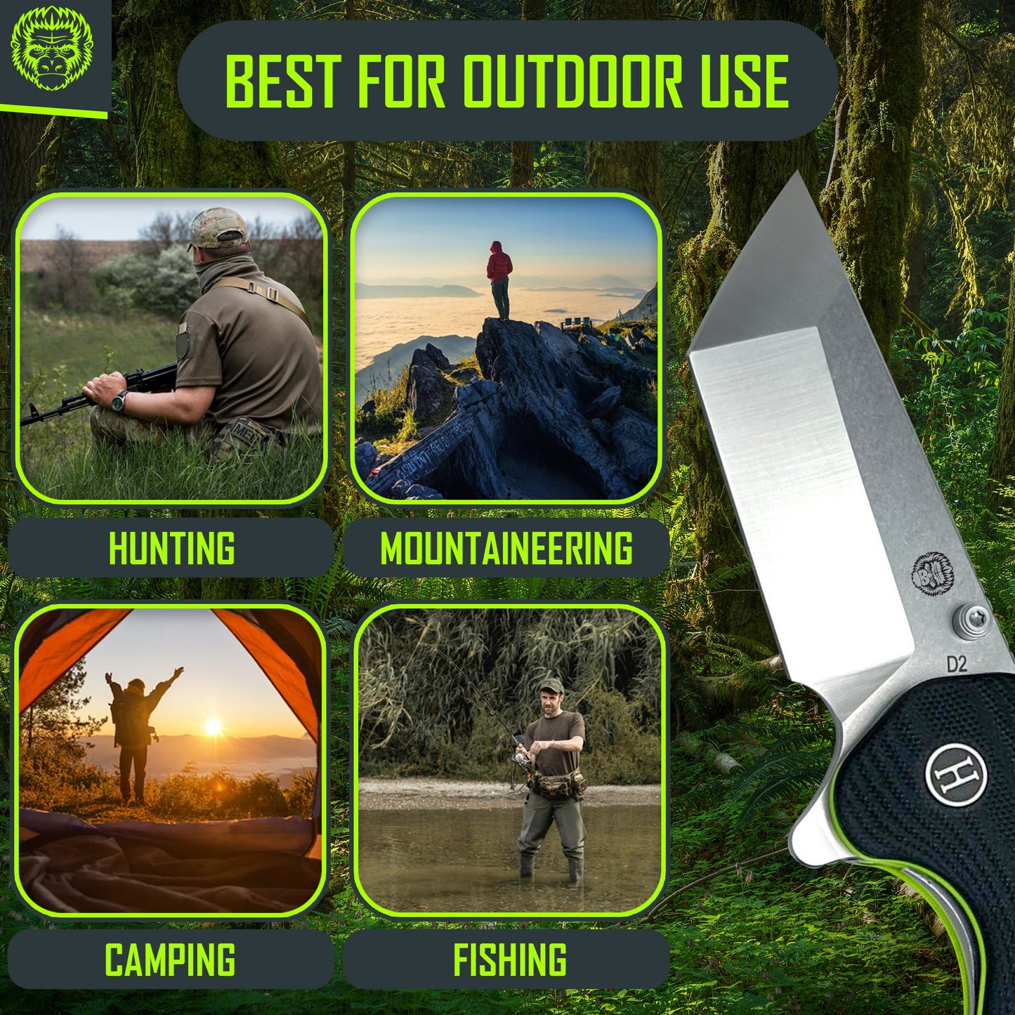 Holtzman's Gorilla Survival The Pioneer Folding Pocket Knife Giftset for Men and Women (Silver and Green)