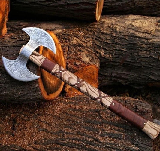 KBS Knives Mastercraft Battle Axe: Custom Handmade Engraved Double Blades with D2 Steel and Ash Wood Handle, Leather Wrap, and Sheath