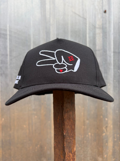 Hustlin Hippie PL Series 5 Panel Curved Bill Snapback Hat- SOLID BLACK- WHITE LOGO w/ Bold Style