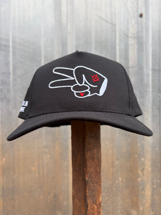 Hustlin Hippie PL Series 5 Panel Curved Bill Snapback Hat- SOLID BLACK- WHITE LOGO w/ Bold Style