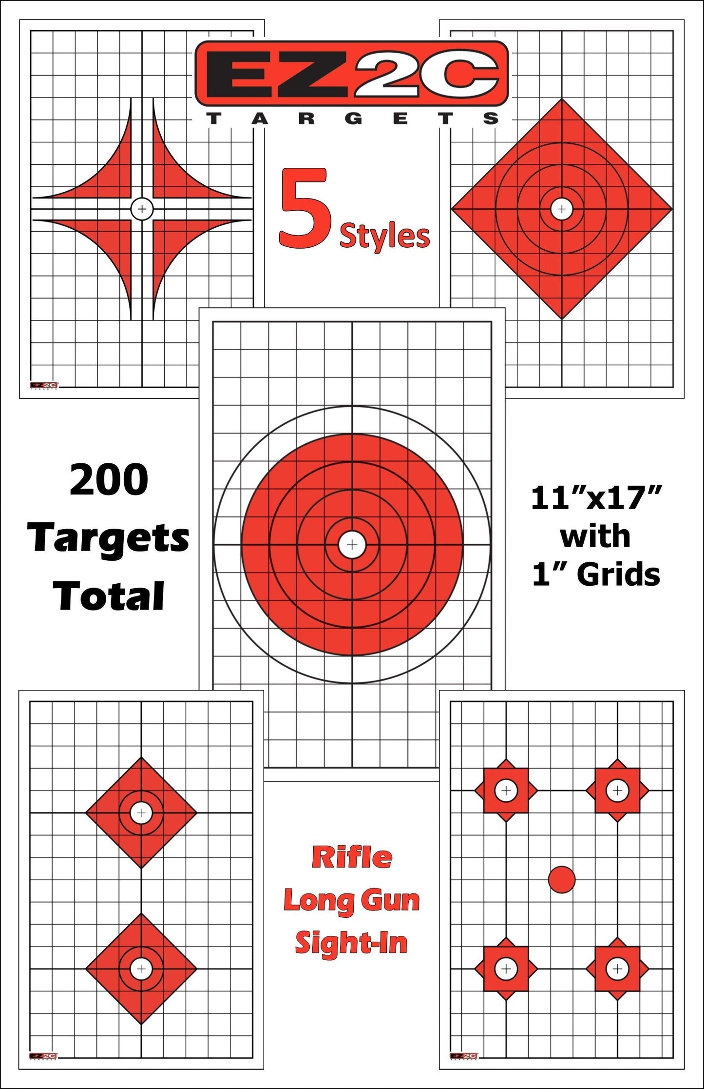 200 EZ2C Targets Most Popular 5 Rifle Styles Paper Targets Bundle 11"x17" USA Made