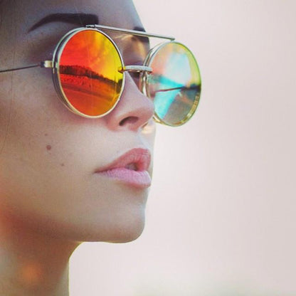 zeroUV Retro Round Steampunk Mirrored Lens Flip Up Sunglasses 8966
