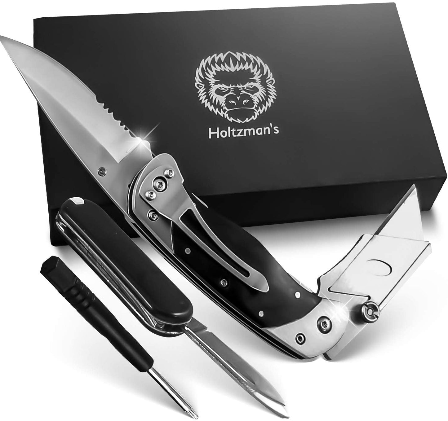 Holtzman's Gorilla Survival Premium Utility Knife, Folding Pocket Knife Combo, Box Cutter, Heavy Duty Dual Blades W/Belt Clip Gift Set for Dad Carpenter or Construction Worker