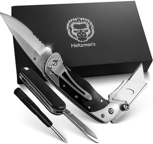 Holtzman's Gorilla Survival Premium Utility Knife, Folding Pocket Knife Combo, Box Cutter, Heavy Duty Dual Blades W/Belt Clip Gift Set for Dad Carpenter or Construction Worker