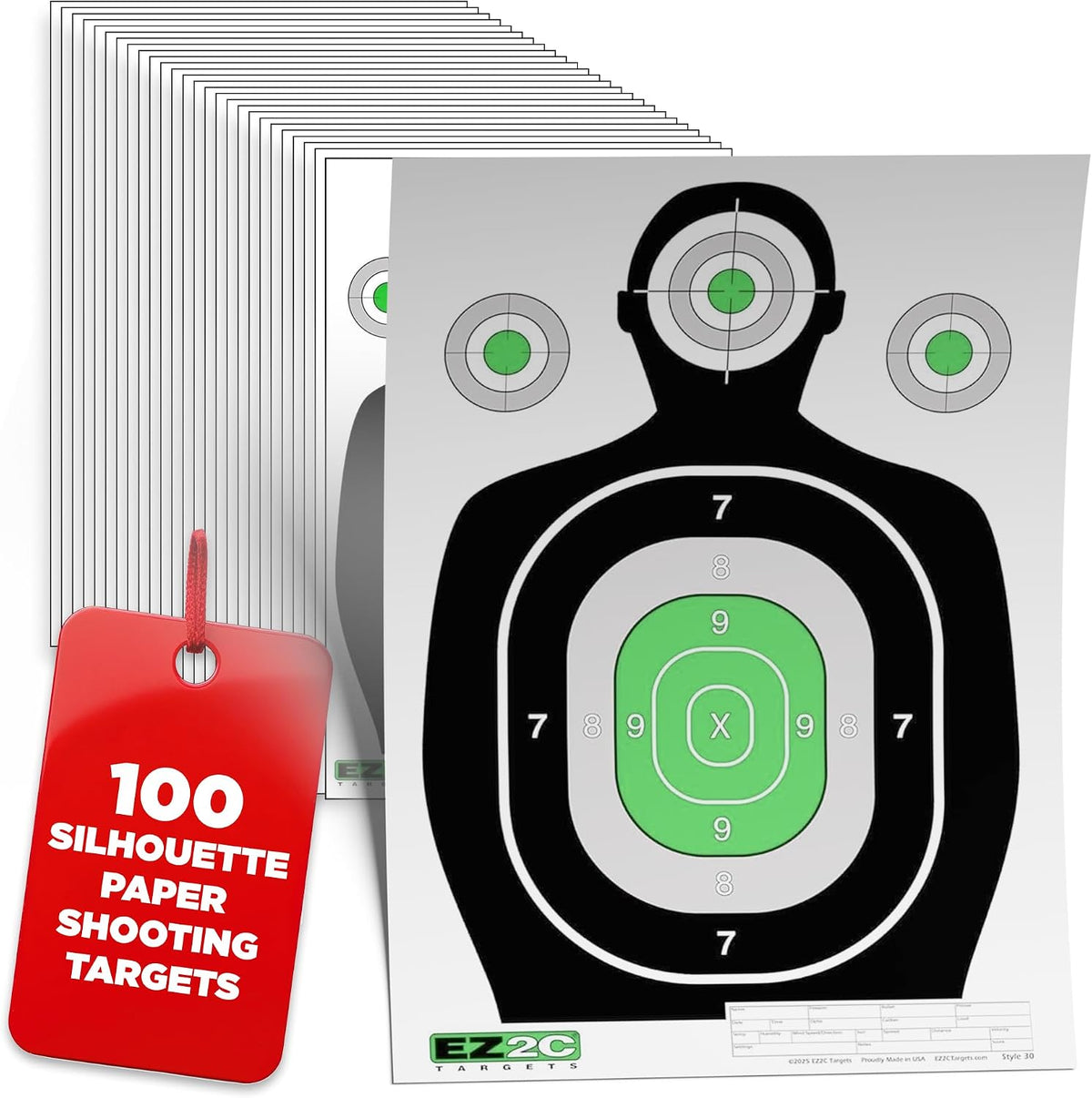 100 EZ2C 12"x18" Green Silhouette Paper Shooting Target, Premium USA Made Peel-Off Pad of 100