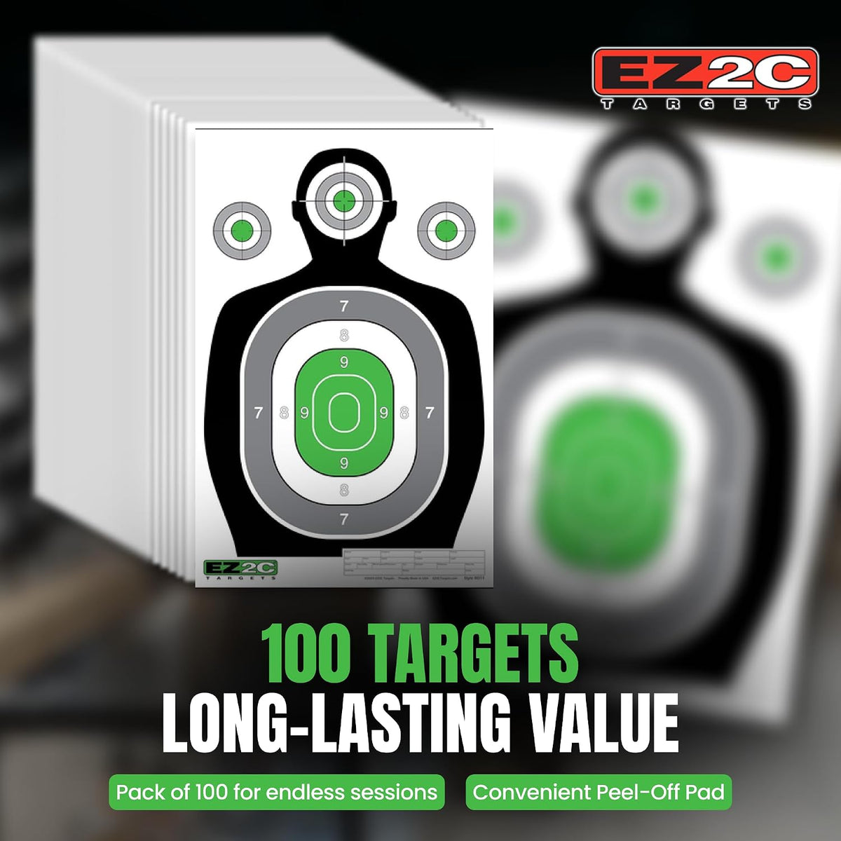 100 EZ2C 12"x18" Green Silhouette Paper Shooting Target, Premium USA Made Peel-Off Pad of 100