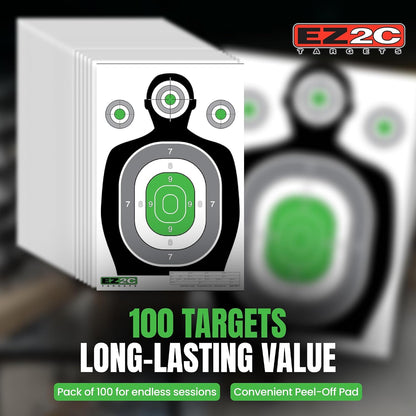 100 EZ2C 12"x18" Green Silhouette Paper Shooting Target, Premium USA Made Peel-Off Pad of 100
