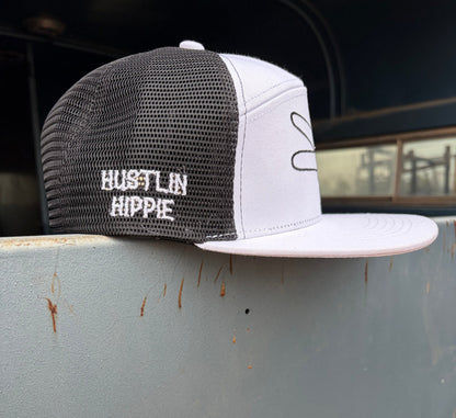 Hustlin Hippie PL Series 7 Panel Mesh Snapback- WHITE/BLACK- BLACK LOGO w/ BOLD style