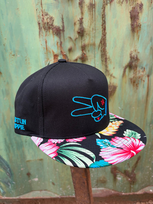 Hustlin Hippie PL Series 5 Panel Snapback Hat- BLACK/FLOWER- BLUE LOGO w/ BOLD style