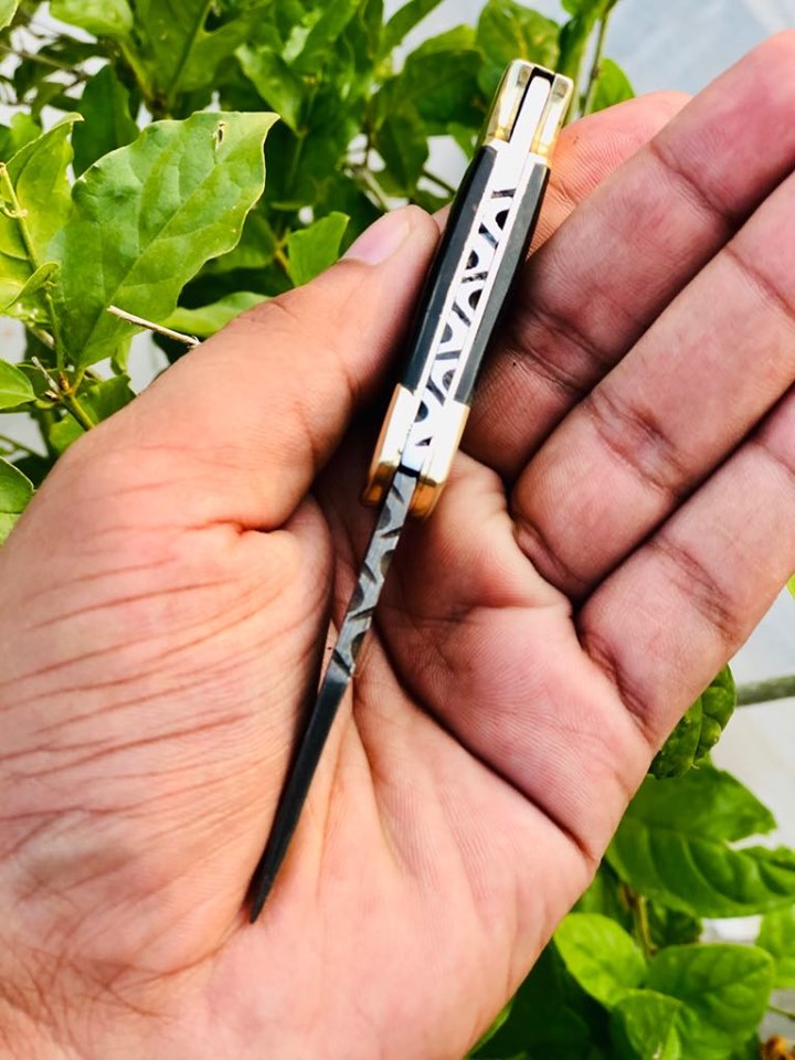 KBS Knives Custom Handmade Damascus Steel Small Folding Pocket Knife with Buffalo Horn Handle and Leather Case by KBS Knives Store.