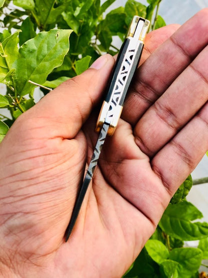 KBS Knives Custom Handmade Damascus Steel Small Folding Pocket Knife with Buffalo Horn Handle and Leather Case by KBS Knives Store.