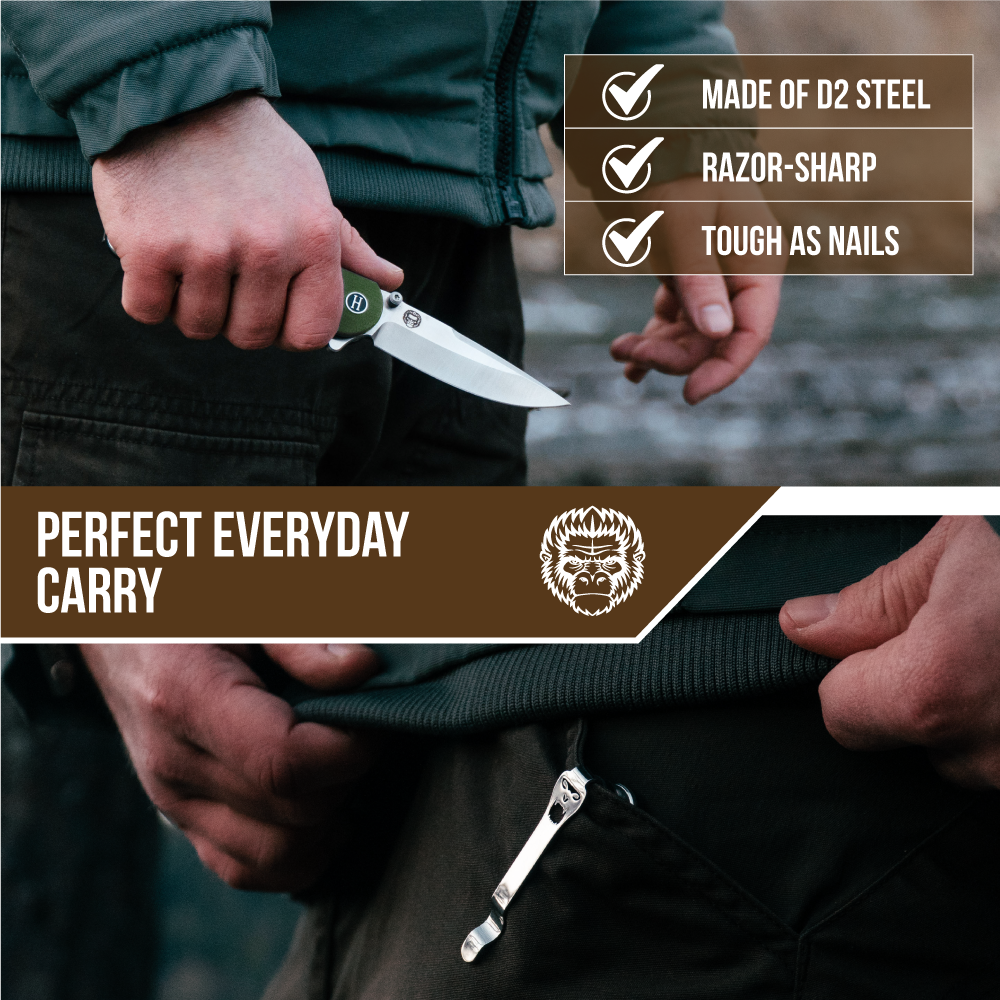 Holtzman's Gorilla Survival The Straight Back Folding Pocket Knife Giftset for Men and Women (Silver and Green)