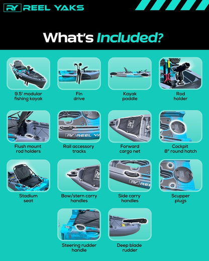 ReelYaks 9.5ft Raptor Modular Fin Drive Pedal Fishing Kayak | 380lbs Capacity | 2 Piece